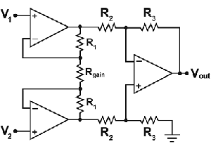 Figure 2. Three-op-amp instrumentation amplifier.